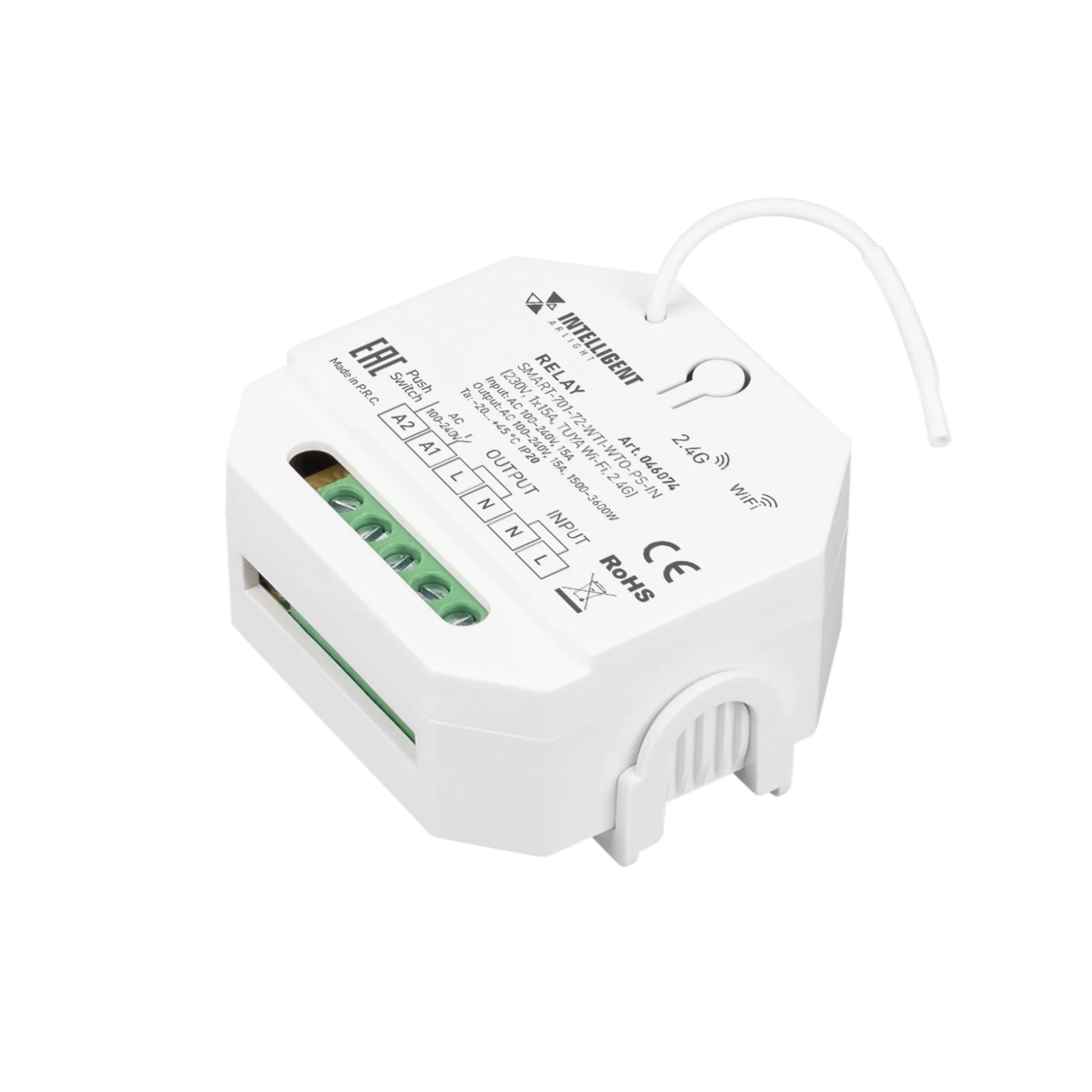 INTELLIGENT ARLIGHT Релейный модуль SMART-701-72-WTI-WTO-PS-IN  (230V, 1x15A, TUYA Wi-Fi, 2.4G) (IARL, IP20 Пластик, 5 лет)