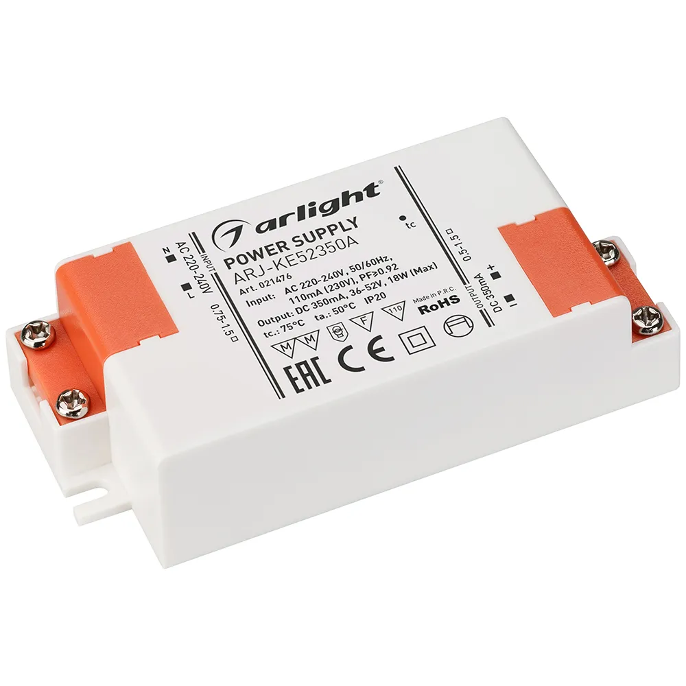 Блок питания ARJ-KE52350A (18W, 350mA, PFC) (Arlight, IP20 Пластик, 5 лет) - изображение товара