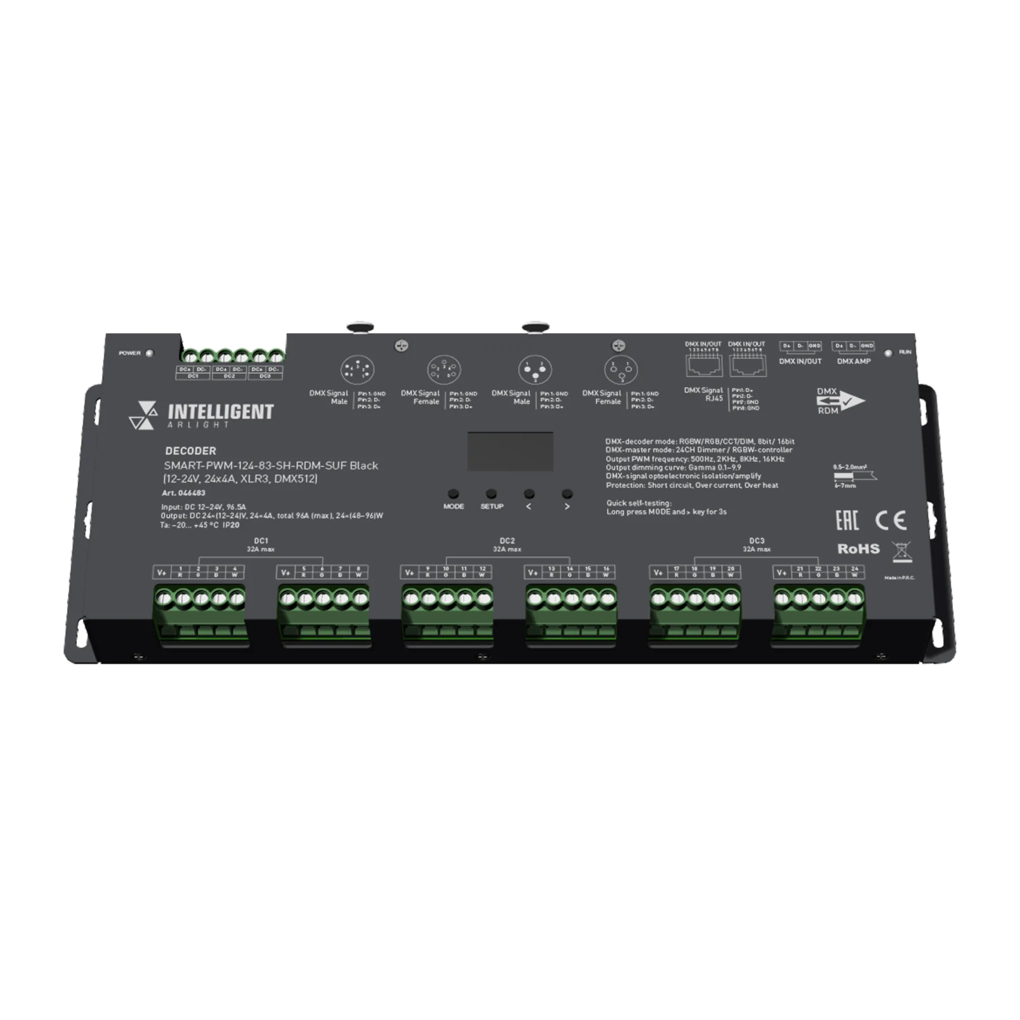 INTELLIGENT ARLIGHT Декодер SMART-PWM-124-83-SH-RDM-SUF Black (12-24V, 24x4A, XLR3, DMX512) (Arlight, IP20 Металл, 5 лет) - изображение товара